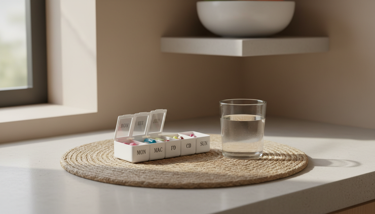 Eye-level view of a medication organizer and a glass of water on a kitchen counter.