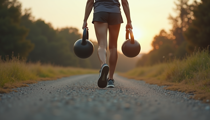 Eye-level view of a person performing farmer’s carries with heavy kettlebells on a gravel path