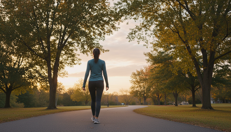 Wide-angle view of a person walking on a quiet neighborhood path at sunrise.