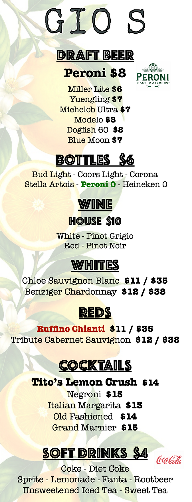 Alcoholic Drink Menu