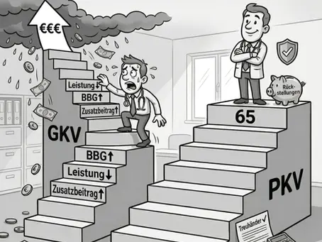 Zwei Treppen die nebeneinander in zwei Richtungen führen. Eine ist die GKV und wesentlich steiler und eine ist flacher und steht für die PKV