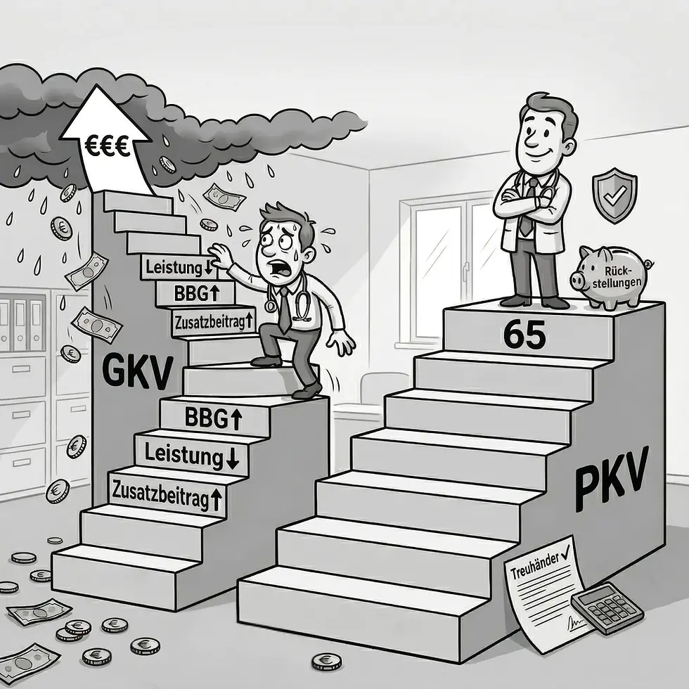 Zwei Treppen die nebeneinander in zwei Richtungen führen. Eine ist die GKV und wesentlich steiler und eine ist flacher und steht für die PKV