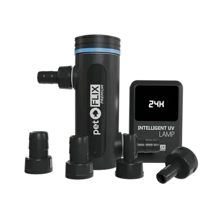 Foto do filtro esterilizador anfíbio AUV da Pet Flix, com todas as suas conexões e controlador