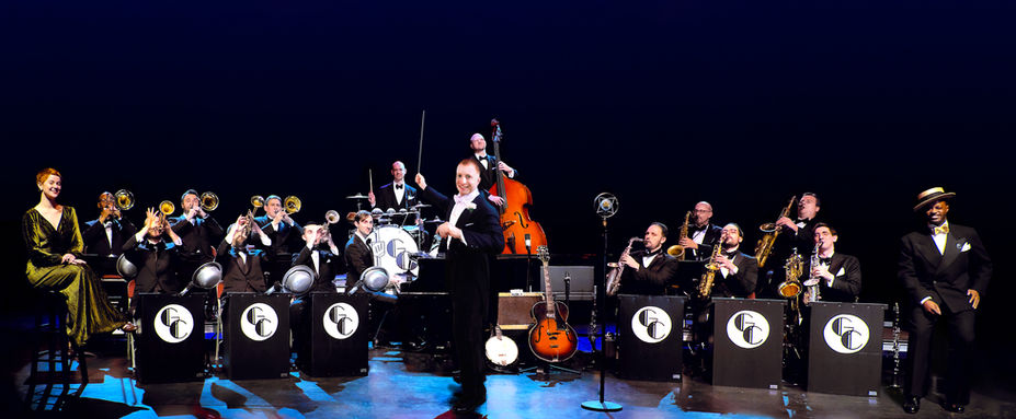 The Glenn Crytzer Orchestra posed on stage at the Patchogue Theater, photo by Jonathan Smith.