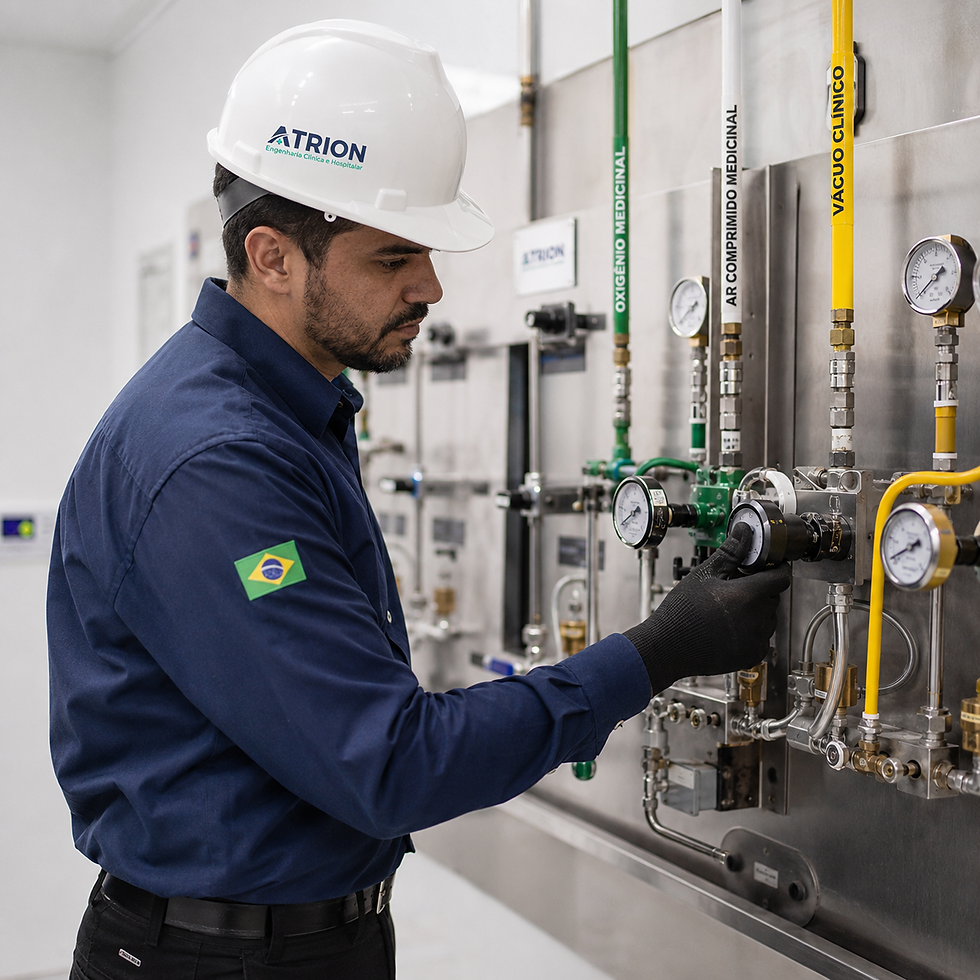 Funcionario da Atrion Engenharia Clinica e Hospitalar realizando manutencao em gases medicinais