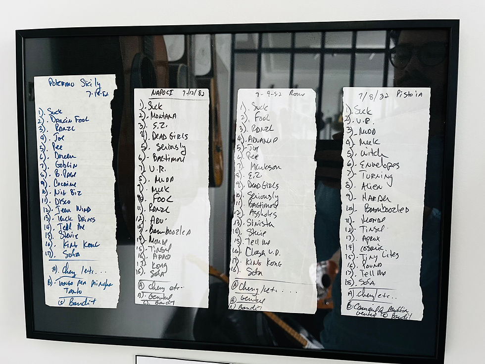 Miniature : Setlist de Frank Zappa - tournée 1982 - écrite à la main par Steve Via