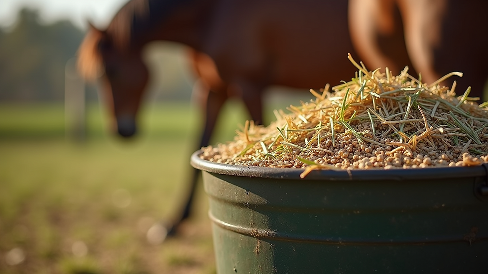 Close-up of a horse’s feed bucket filled with high-quality hay