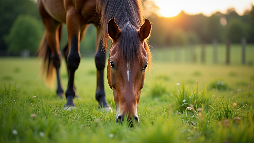 Eye-level view of a horse grazing in a lush green pasture