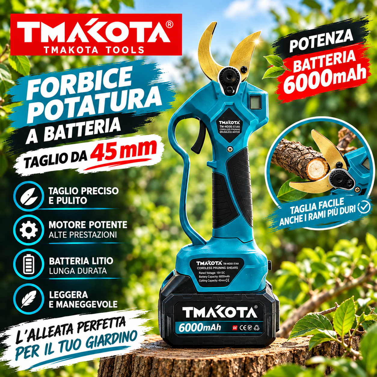 Forbice cesoia da potatura a Batteria 45mm Makota Display 2 Batterie 68vf 6 Ah
