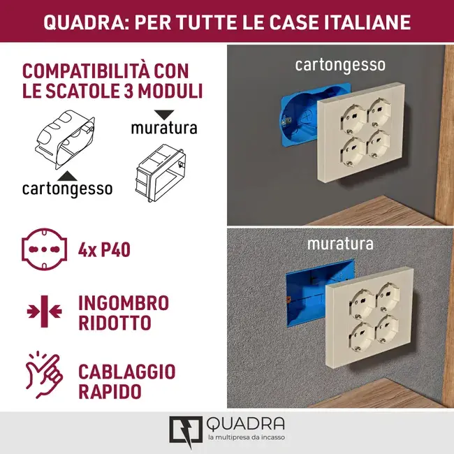 Miniaturbild: Multipresa da parete 4 prese schuko scatole 503 da muro e/o cartongesso