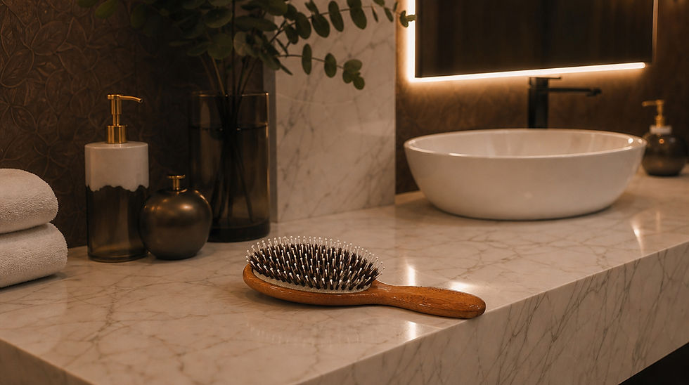 Bass Brushes Elegant marble bathroom vanity with a hairbrush, white bowl sink, towels, soap dispensers, and warm mirror lighting.