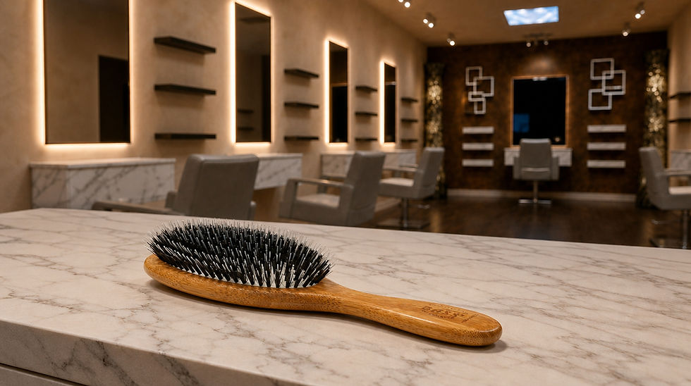 Bass Brushes Hairbrush on marble counter in an empty modern salon with lit mirrors and styling chairs.