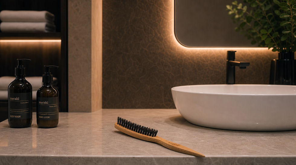 Bass Brushes Elegant bathroom countertop with Meraki bodywash and hand lotion, wooden brush, and white sink under warm lighting.