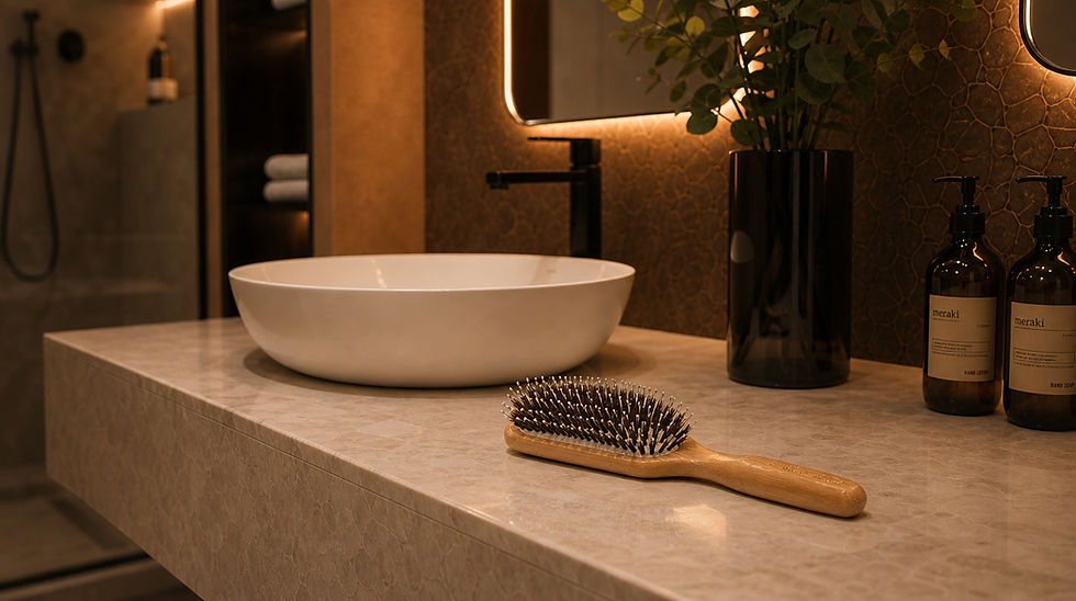 Bass Brushes Warm modern bathroom vanity with bowl sink, hairbrush, Meraki soap bottles, and amber-lit mirror on stone counter.