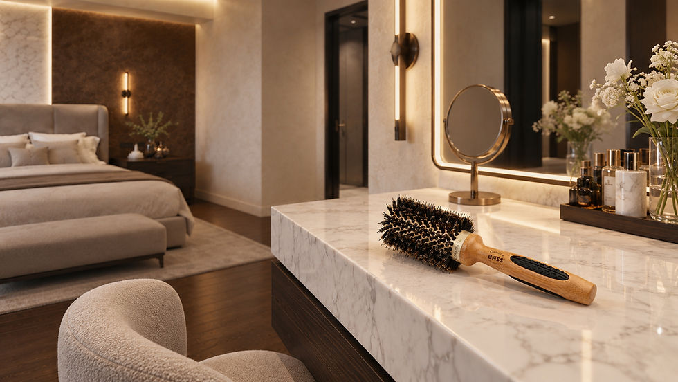 Luxurious bedroom with marble vanity, round mirror, and a hairbrush labeled Genuine Bass beside flowers.