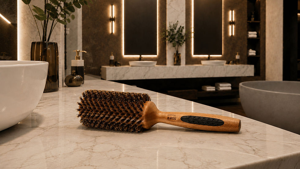 Wooden hairbrush on marble bathroom counter with sinks and warm lit mirrors; luxury spa setting, text: Genuine BASS.