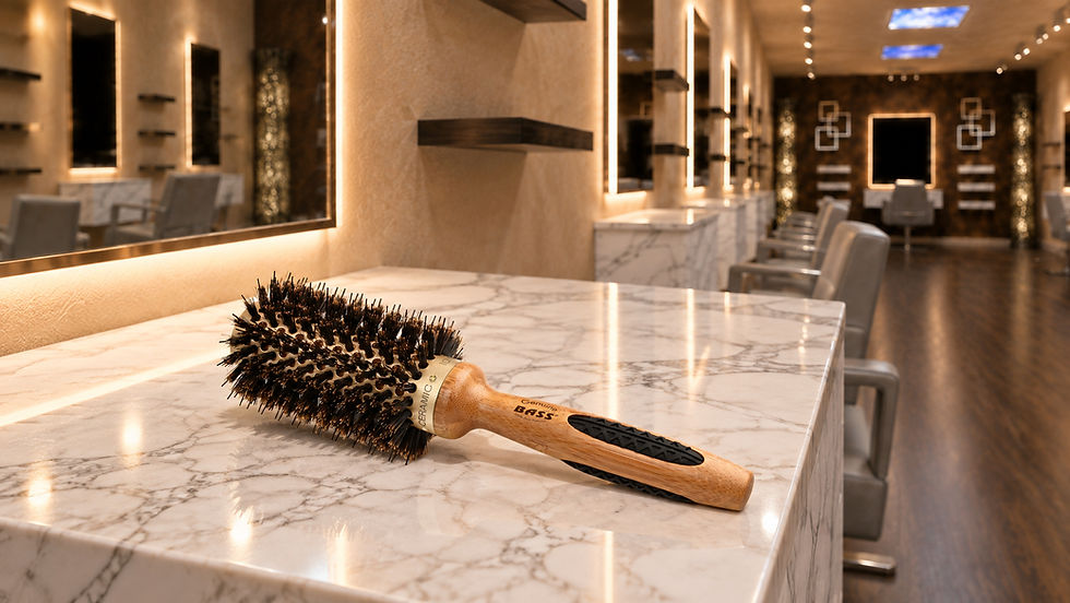 Round hairbrush labeled Genuine Bass on a marble salon counter, with lit mirrors, chairs, and warm modern styling stations.