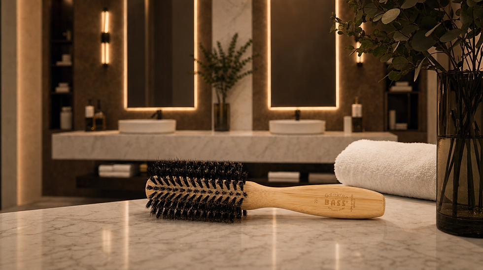 Hairbrush labeled Bass on marble bathroom counter beside a towel, with lit mirrors, sinks, and plants in a warm spa-like room.