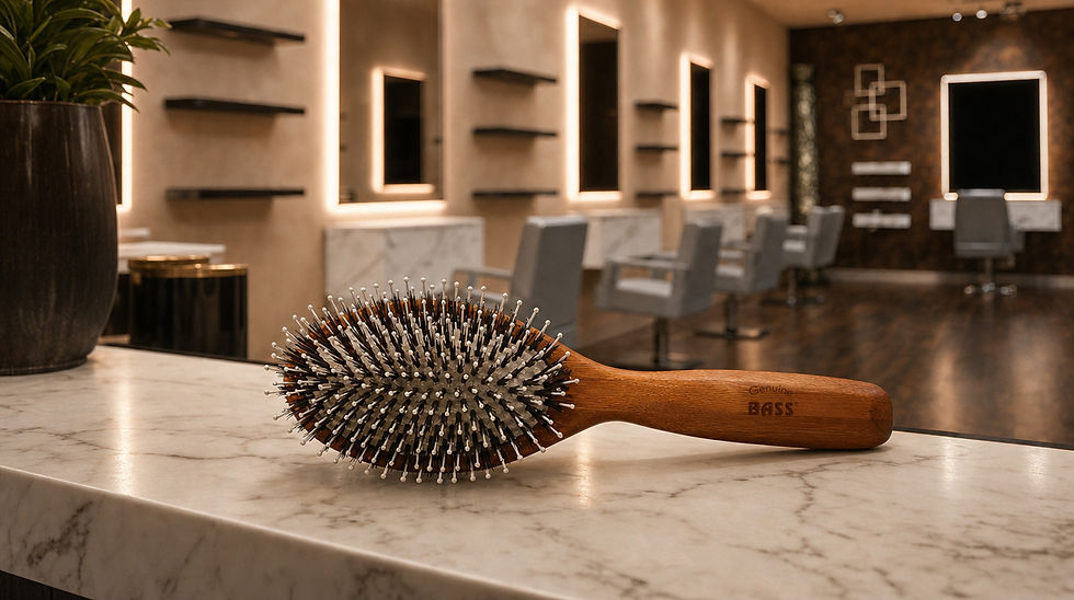 Hairbrush labeled Genuine BASS on a marble counter in a warmly lit modern salon with empty styling chairs.
