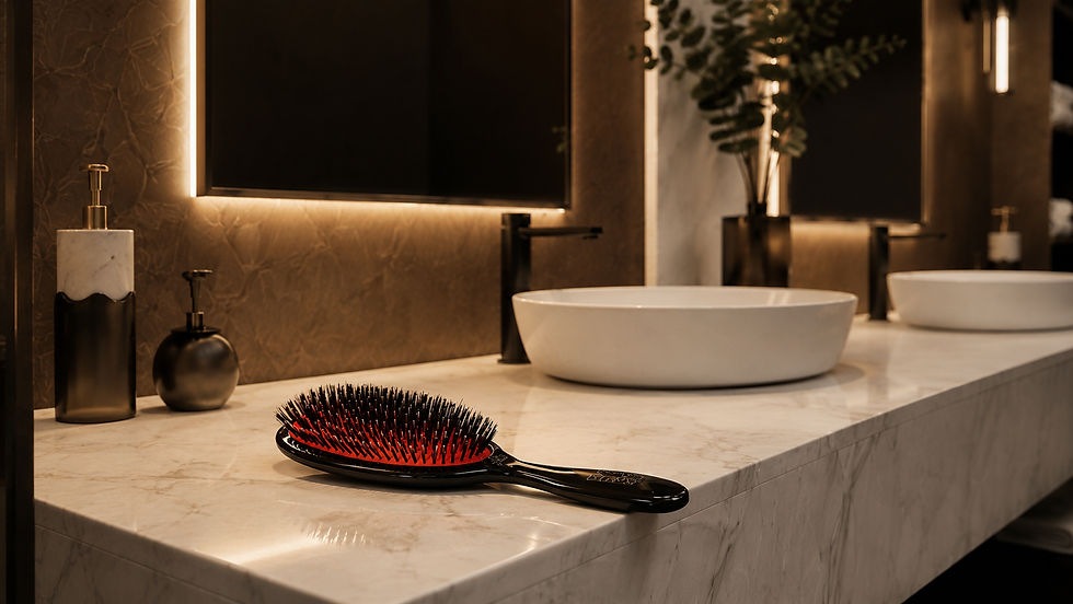 Bass Brushes Luxury bathroom vanity with marble counter, hairbrush, white vessel sink, soap dispensers, and warm mirror lighting.