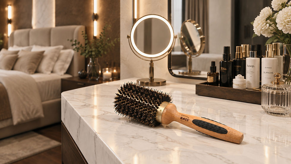 Bass Brushes Hairbrush on marble vanity in luxe bedroom, with lit mirror, toiletries, and bed in warm beige tones.
