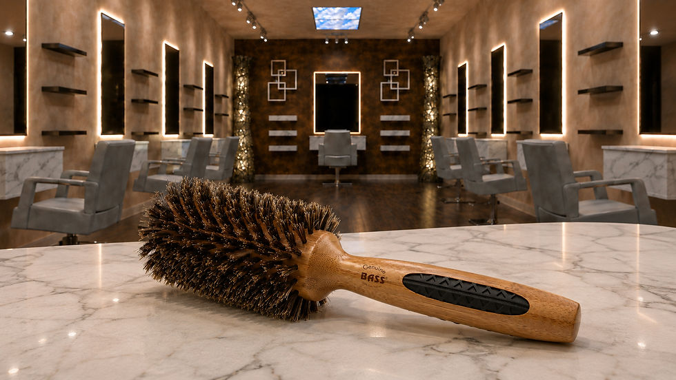 Bass Brushes Hair salon interior with a large wooden round brush on a marble counter; chairs, mirrors, and warm lights, labeled Genuine BASS