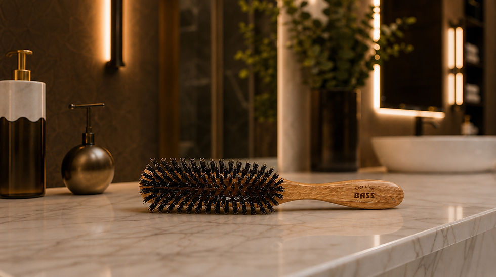 Bass Brushes Wooden hairbrush labeled Genuine BASS on a marble bathroom counter, with warm-lit modern sink and soap dispenser in back.