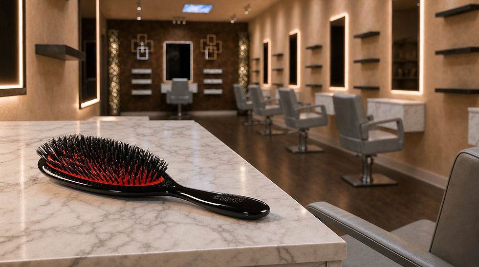 Hairbrush on a marble counter in a modern, empty salon with gray styling chairs and warm wall lighting