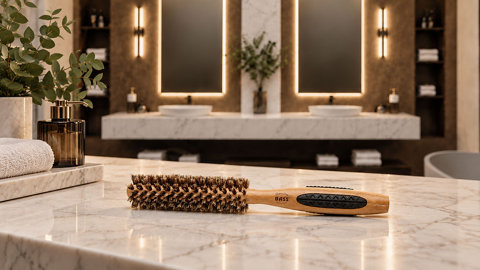 Round hairbrush labeled Genuine BASS on a marble bathroom counter, with warm lit double sinks, towels, and a plant in back