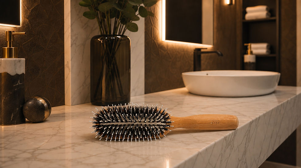 Bass Hairbrush on marble bathroom vanity beside gold dispenser, vase, and white basin in a warm, modern spa-like room.