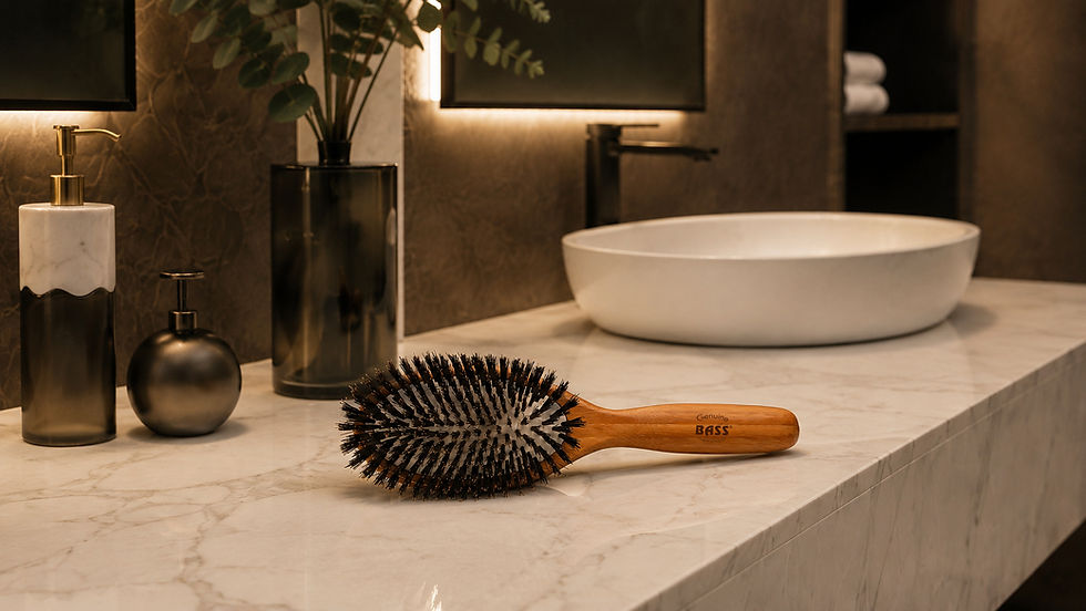 Hairbrush labeled Genuine BASS on a marble bathroom counter beside soap dispensers and a white sink in warm lighting.