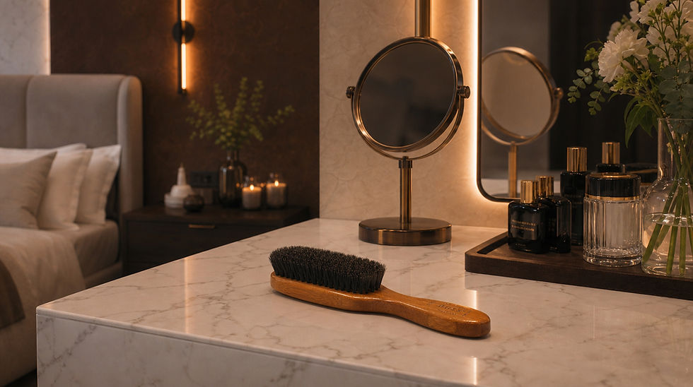 Bass Brushes Elegant bedroom vanity with marble counter, hairbrush, round mirror, perfume bottles, flowers, and warm candlelight.