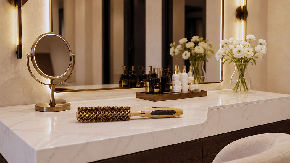 Bass Brushes Elegant vanity with round mirror, hairbrush, perfume bottles, and white flowers on a marble counter; Genuine Bass on brush.