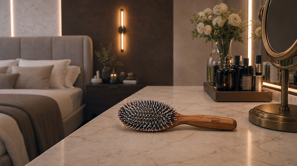 Bass Hairbrush on marble vanity in a warm, modern bedroom with flowers, bottles, and soft lighting; BASS is visible on the handle.
