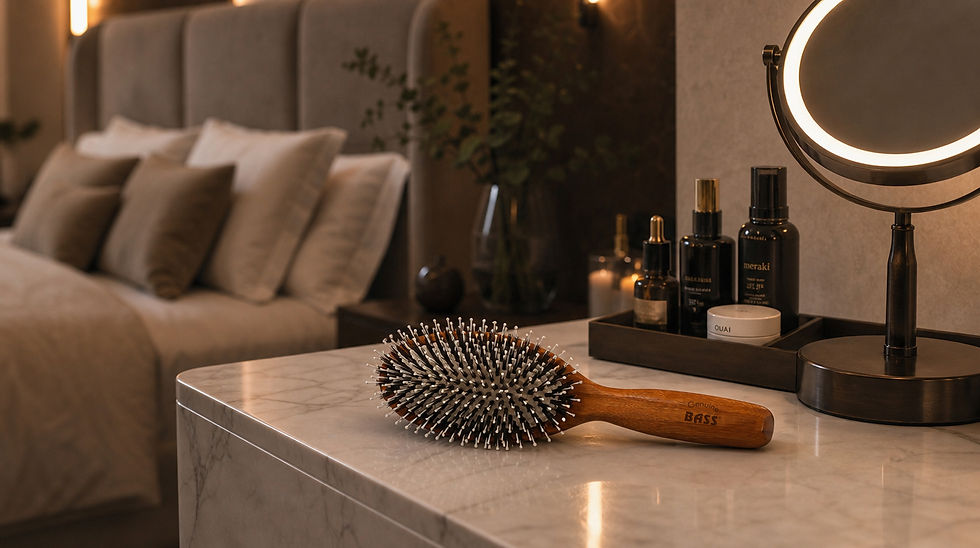 Bass Brushes Hairbrush on marble vanity beside a lit mirror and Meraki bottles in a cozy bedroom, with Bass text on the handle.