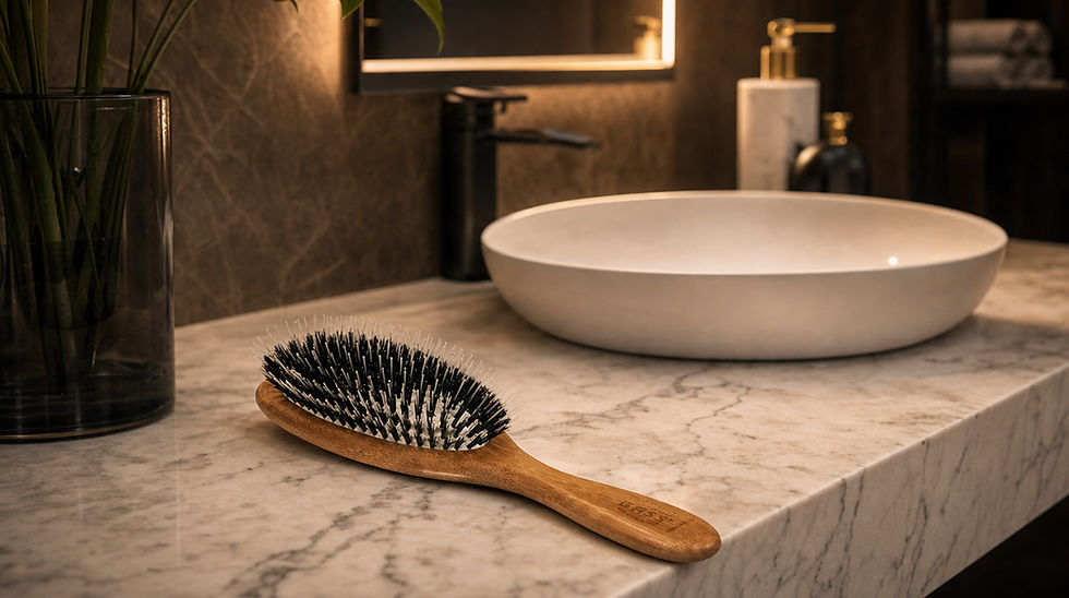 Bass Brushes Wooden hairbrush on marble bathroom counter beside a white bowl sink, with a dark vase and warm ambient lighting.