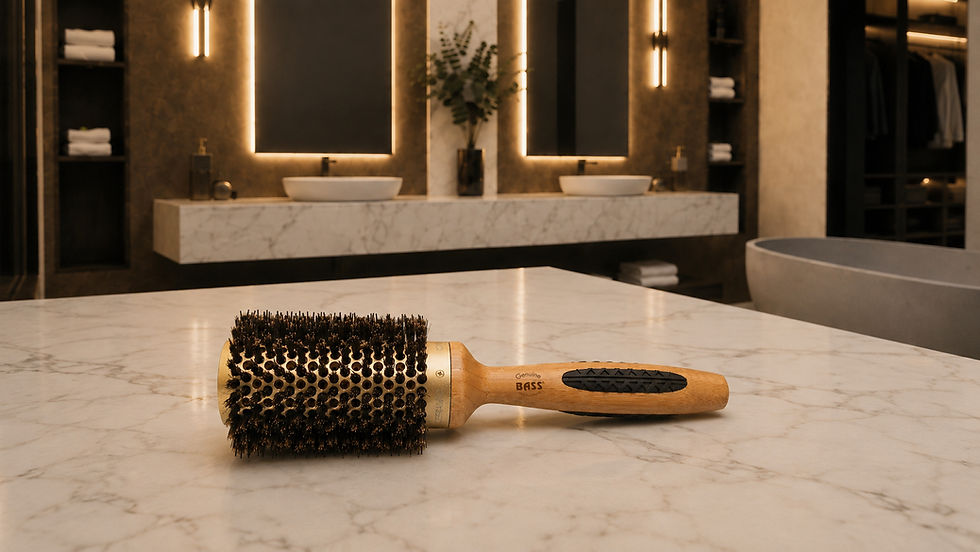 Hairbrush on a marble counter in a warm-lit luxury bathroom, with glowing mirrors and the text Genuine BASS on the handle.