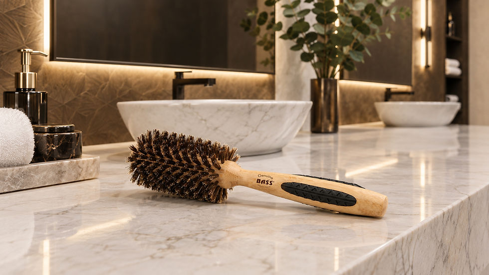 Luxury bathroom vanity with marble sinks, a wooden hairbrush labeled Genuine BASS on the counter, and warm gold lighting