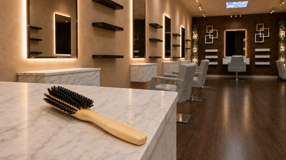 Bass Hairbrush on a marble counter in a modern empty salon with lit mirrors, styling chairs, and warm wood floors