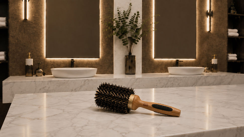 Hairbrush labeled BASS on a marble bathroom counter, with twin lit mirrors, sinks, and a plant in a warm modern spa-like room.