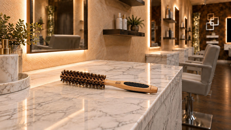 Round hairbrush labeled Genuine BASS on a marble salon counter, with lit mirrors, chairs, and warm beige decor.