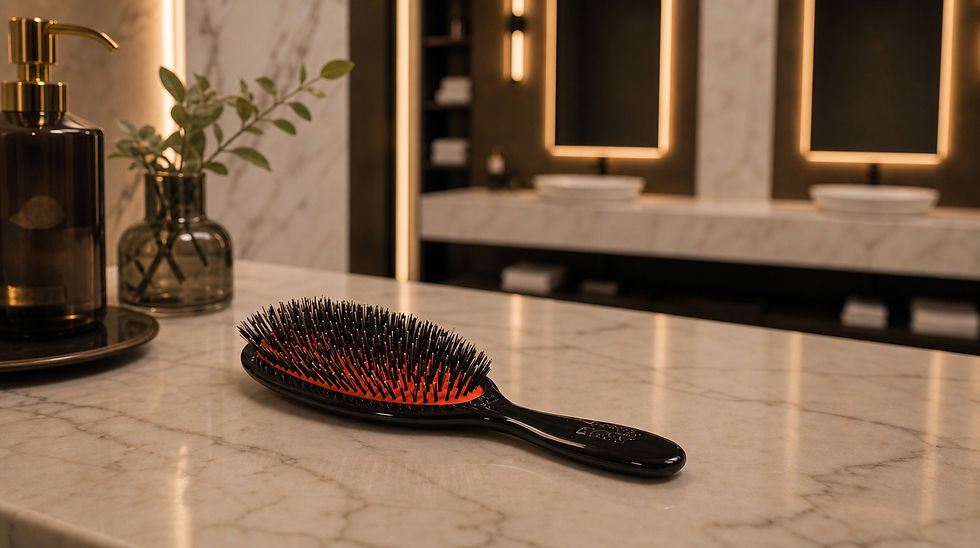 Bass Brushes Hairbrush on a marble bathroom counter beside a soap dispenser and vase, with warm-lit mirrors in a modern spa-like room.