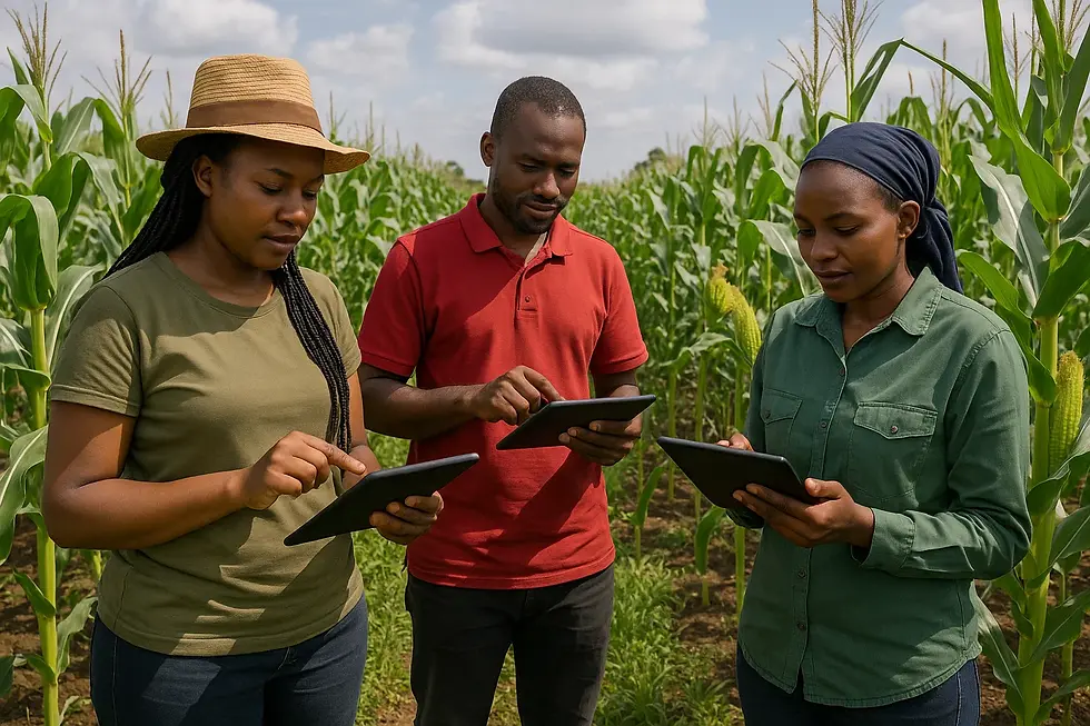 Inscend Field enumerators collecting crop data on tablets in a Kenyan maize farm