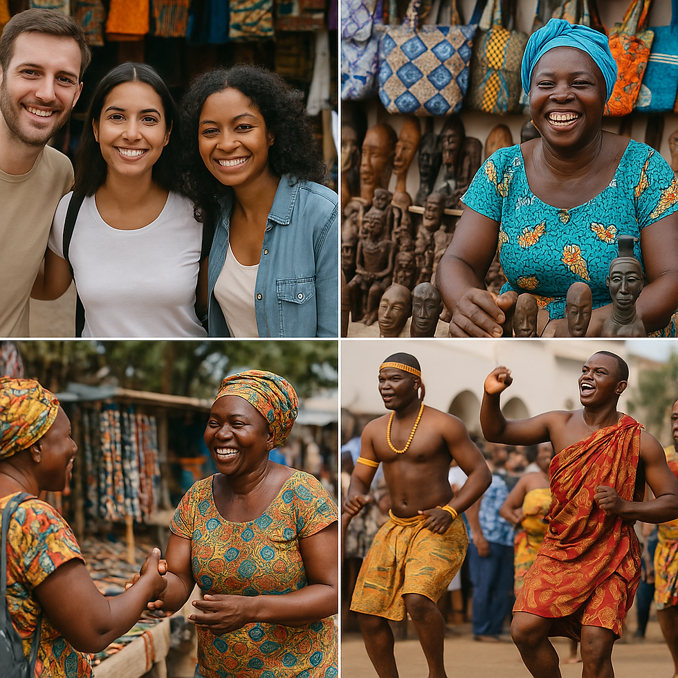 JMK A collage of smiling tourists, local vendors, and cultural dances
