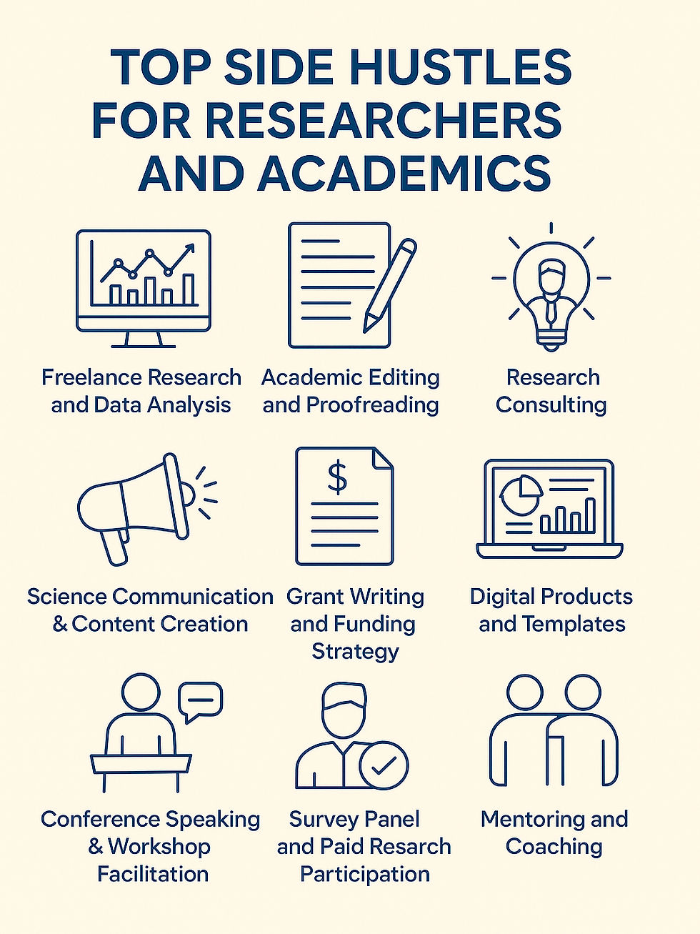 JMK Colorful infographic showing 10 research-based side hustle icons