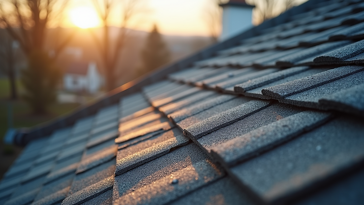 High angle view of a newly installed residential roof with clean shingles
