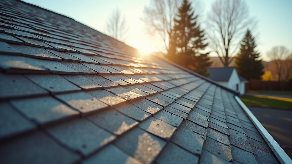 Wide angle view of a residential roof with new shingles being installed