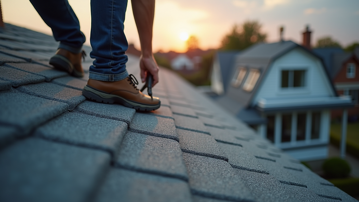 Close-up view of a roofing professional inspecting shingles on a residential roof