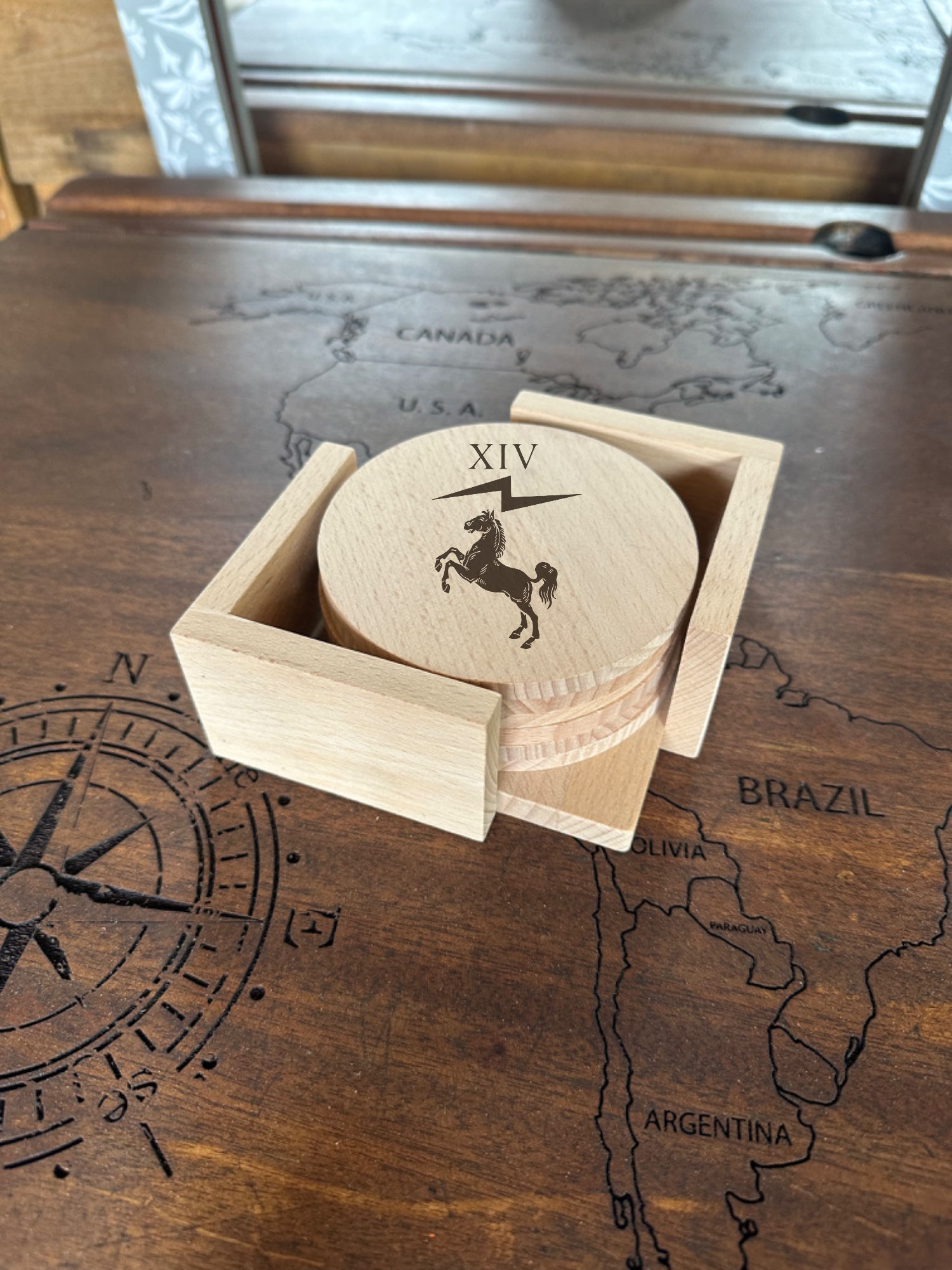 14SR - 6 Wooden Coasters & Wooden Holder