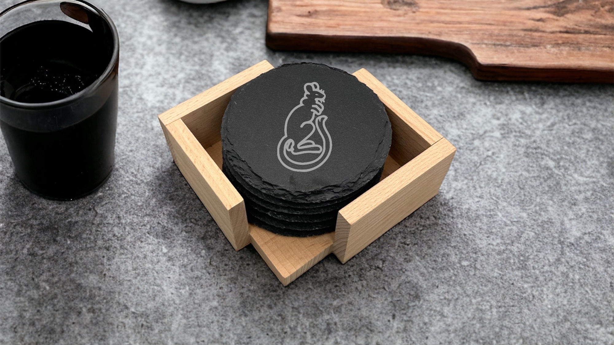7X - 6 Slate Coasters and Wooden Holder